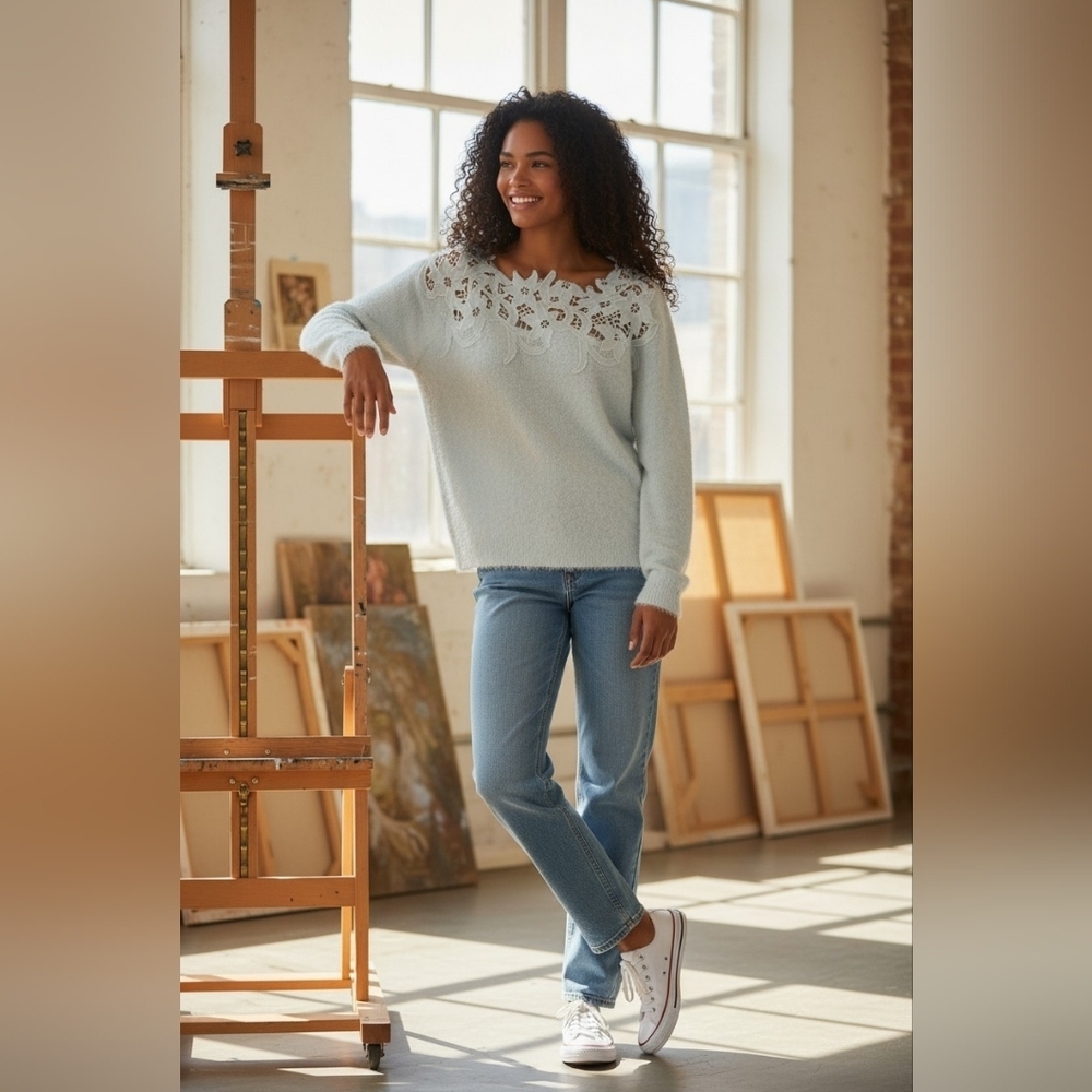En Crème White Fuzzy Sweater Lace Appliqué Neck Soft Knit Pullover Boho